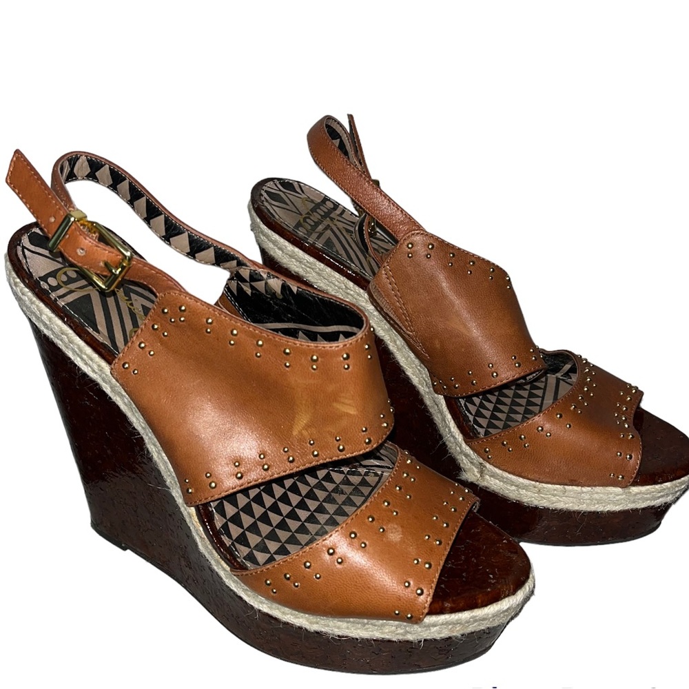 Jessica Simpson JS-Geno brown leather wedge strappy shoes size 10